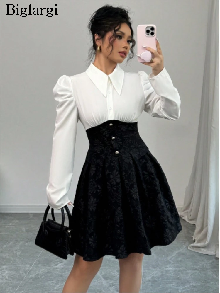 Abito autunnale Donna Fiore Patchwork floreale Volant Pieghettato Moda Abiti eleganti da donna Mini abito da donna sottile a vita alta