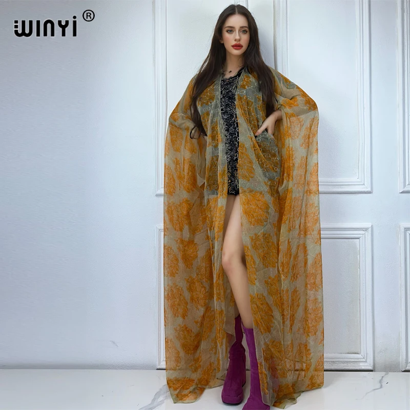 WINYI Maxikimono Sommer Perspektive sexy Strickjacke Boho Print Strandkleid Kaftan Bikini Cover Up Urlaub Strand Outfits für Frauen