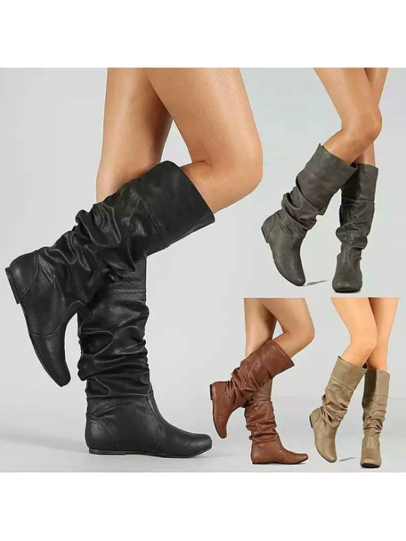 Bottes pour femmes créateur de mode plissé bottes en cuir décontractées 2025New femmes genou haute botte en plein air bottes plates antidérapantes Botas Mujer