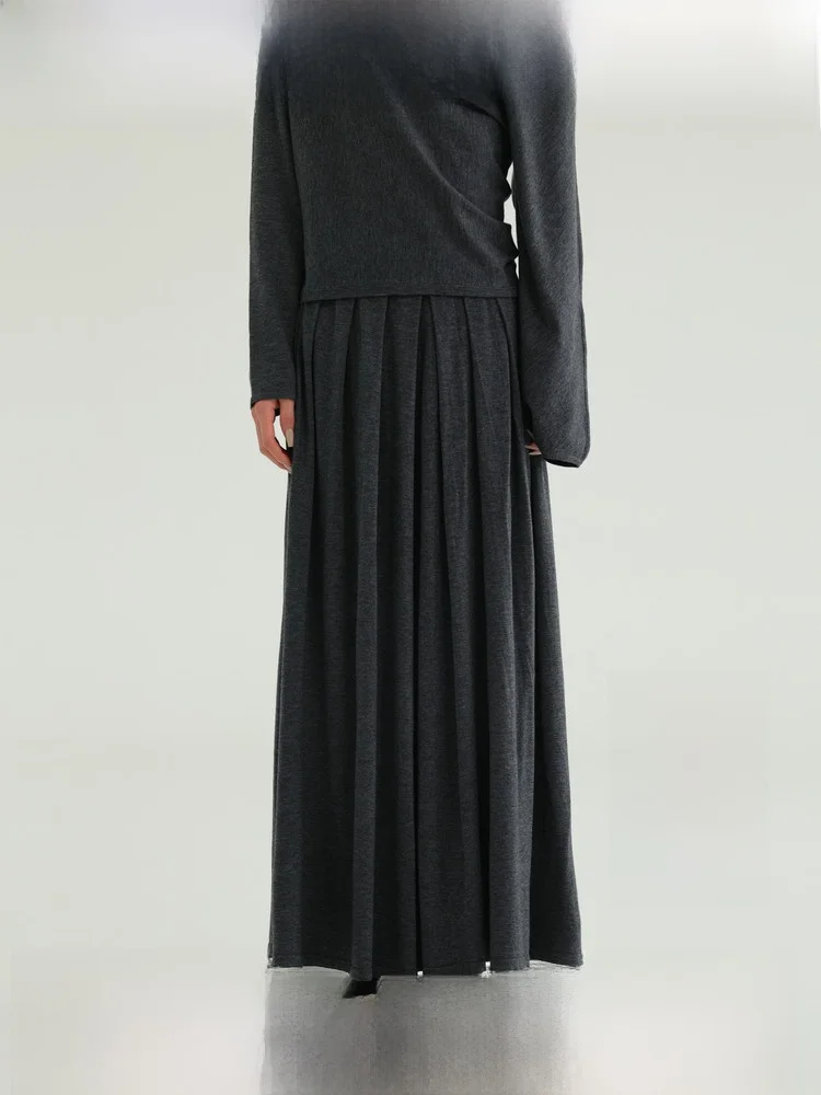Airiqi Autumn New Minimalist Style Wool Blend Knitted Half Skirt Pleated Draped H-Shape Elegant Ladies High Waist Zipper