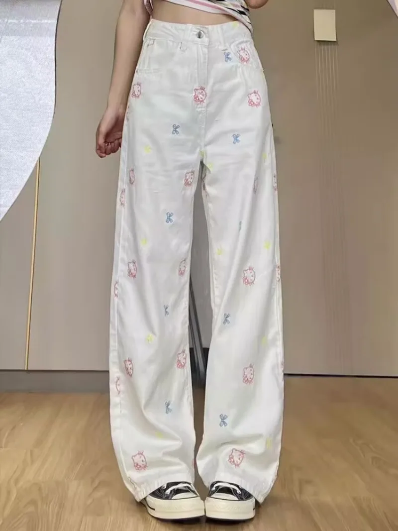 

White Embroidered Hello Kitty Bow Jeans Female Sweet Cool Full Length Versatile Wide Leg Pants Women Korean Style Women Clothing
