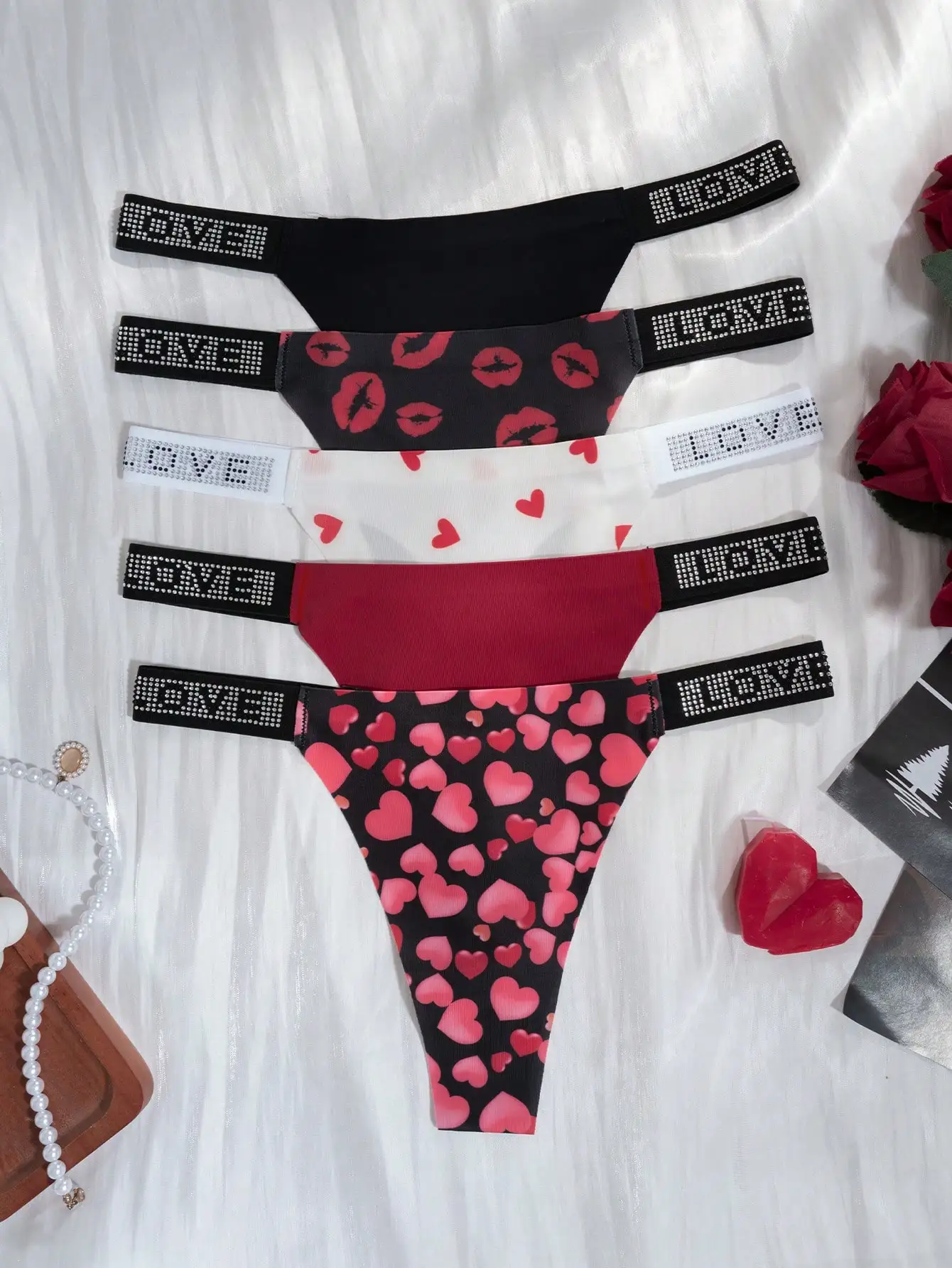 Rhinestone LOVE Wide Waist Ice Silk Seamless Thongs Women, Valentine Heart Lip Print Low Rise Invisible T Panties