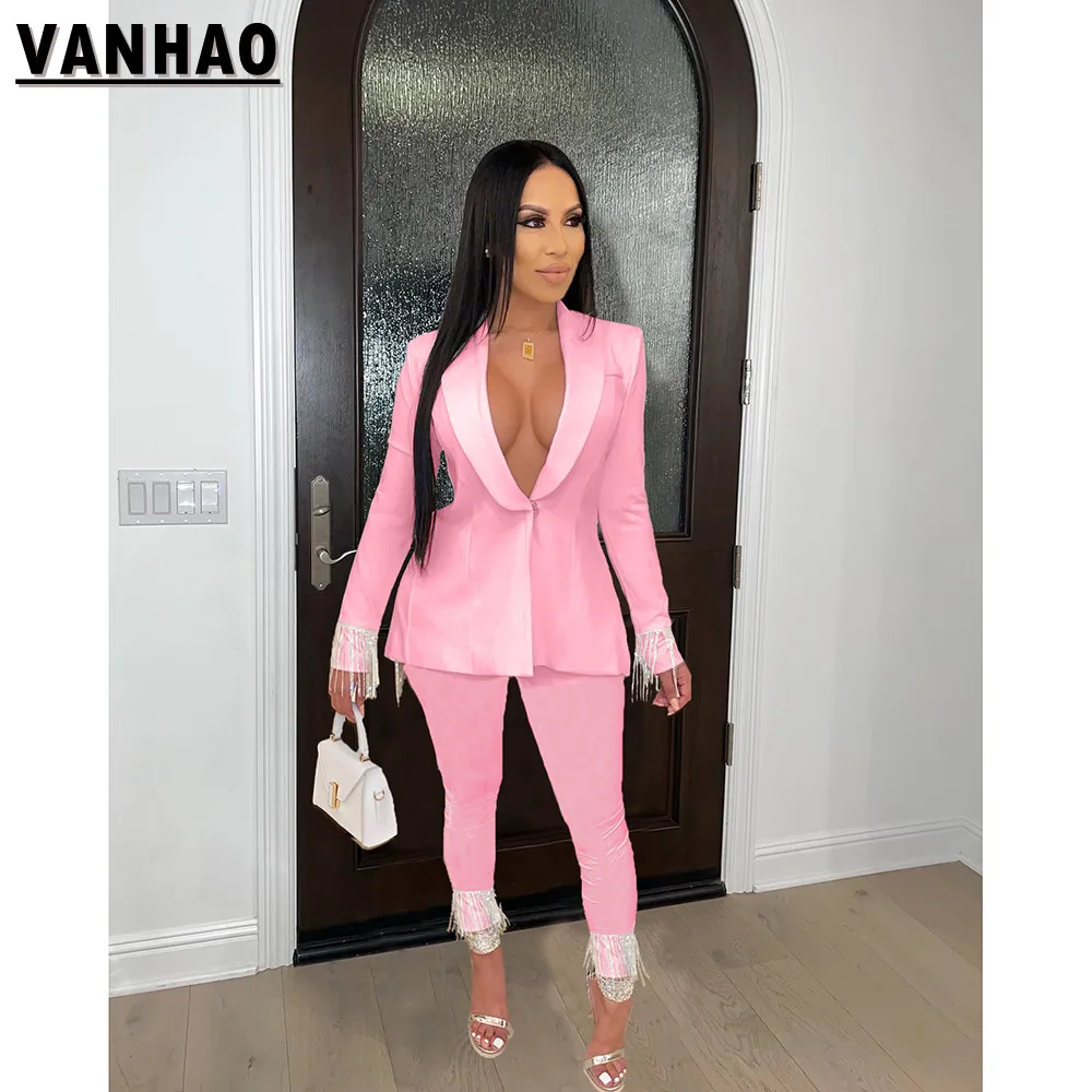 VANHAO Summer Outfits for Women 2023 Tassels Patchwork Fashion Ladies Suits Formal Set Pants and Blazer Wholesale Dropshipping