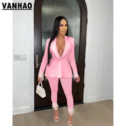 VANHAO-borlas patchwork ternos formais conjunto para mulheres, calças e blazer, roupas de verão, moda, atacado, Dropshipping, 2023