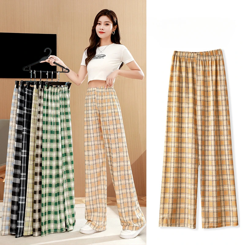 

Plaid pants female summer new high-waisted thin straight narrow version of the wide-leg pants loose drape dragging casual pants