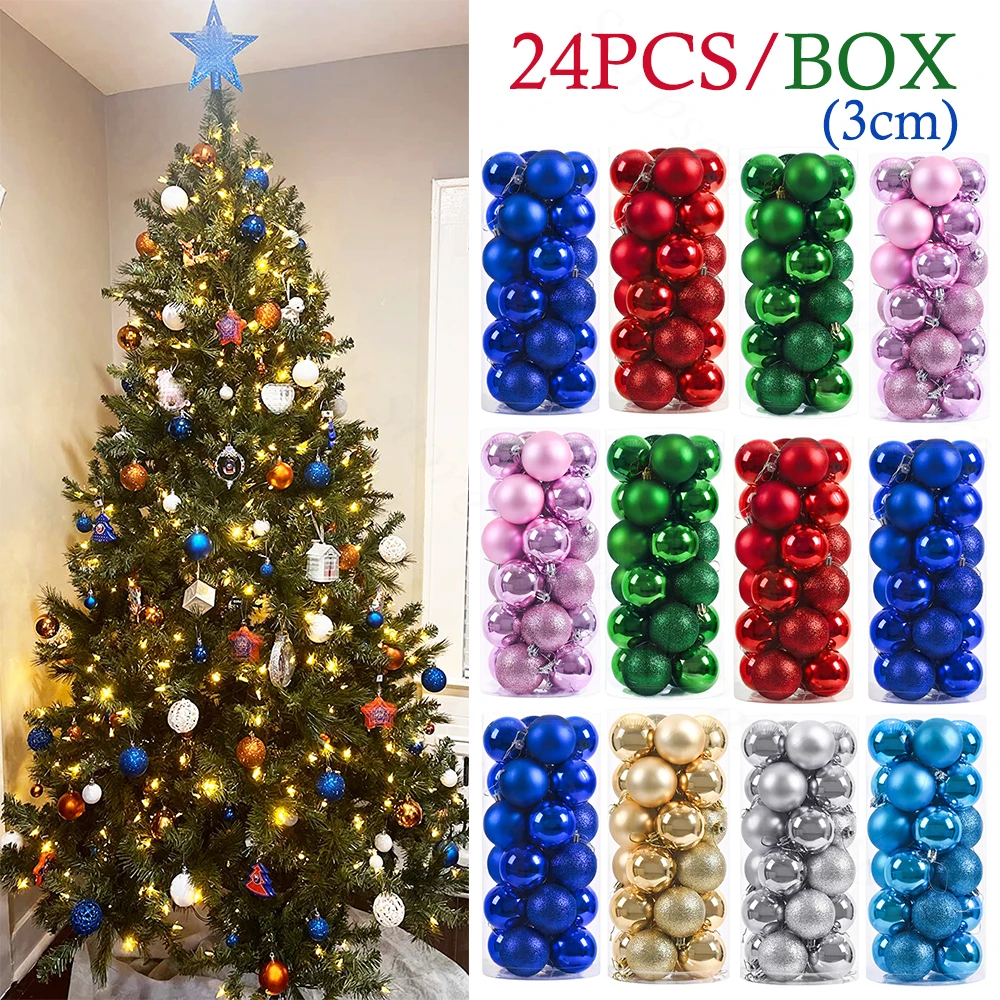 24 Stück 3 cm Weihnachtskugel-Ornamente, Rot, Blau, Rosa, Glitzer, Gold, Weihnachtskugel-Anhänger, Weihnachtsbaum, hängende Dekoration, 2026 Neujahr