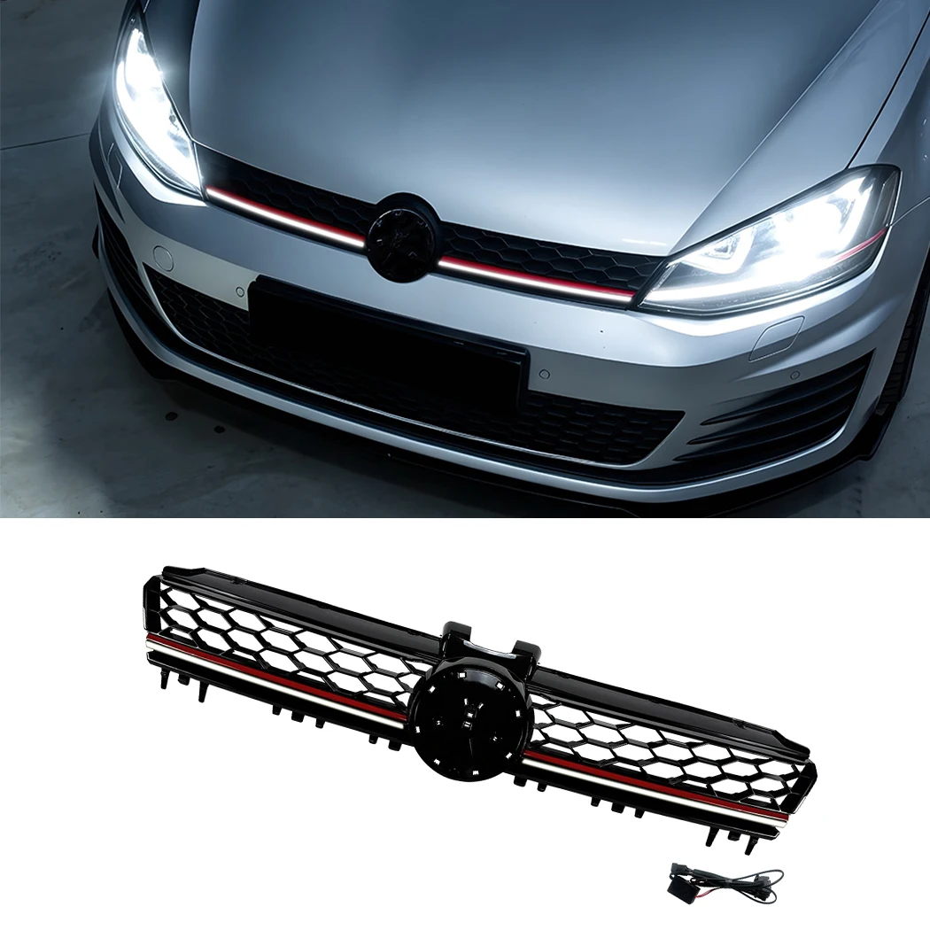 Vorderer Leuchtender Kühlergrill LED-Licht Rennsport-Kühlergrill-Licht Hochglanz Schwarz für Volkswagen Golf 7 MK7 2013 2014 2015 2016