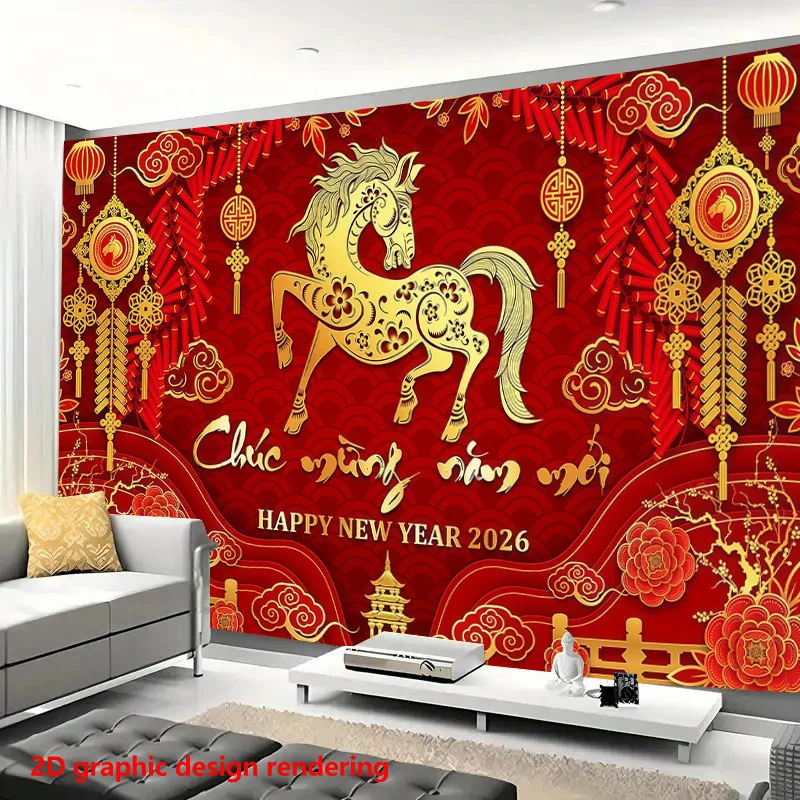 VIKAMA 2026 Frühlingsfest-Wandteppich Ma Xiangyun Neujahrsfeier Wohnzimmer Esszimmer Neujahrsdekoration
