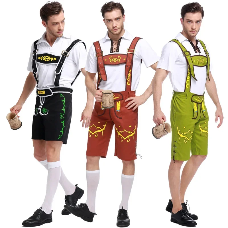 الحمالات Lederhosen زي الذكور الألمانية مهرجان أكتوبر موكب البيرة البافارية زي الرجال السراويل قميص هالوين تأثيري الزي