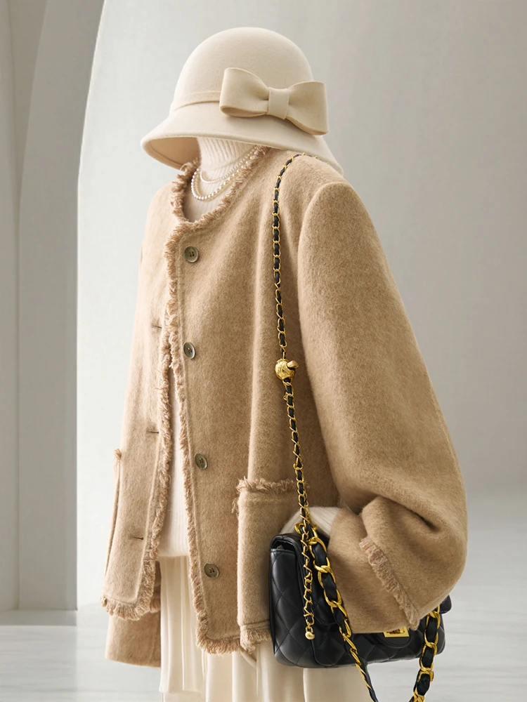 Women's Loose Fit Double Face Wool Coat with Raw Edge & Lantern Sleeves Beige Button-Up Winter Warm Outerwear for Casual Elegant