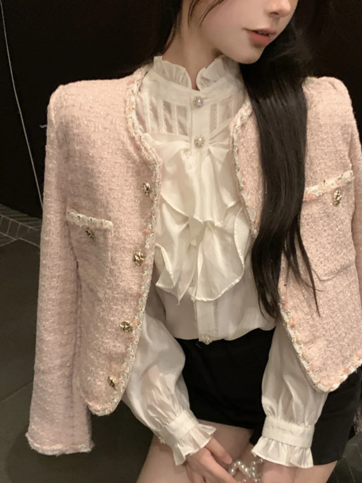 

Adam Meets Eve Brand Sweet Sle ort Coat Women's Faion Spring Autumn 2025 New Retro Tweed Jaet with kets And Buttons