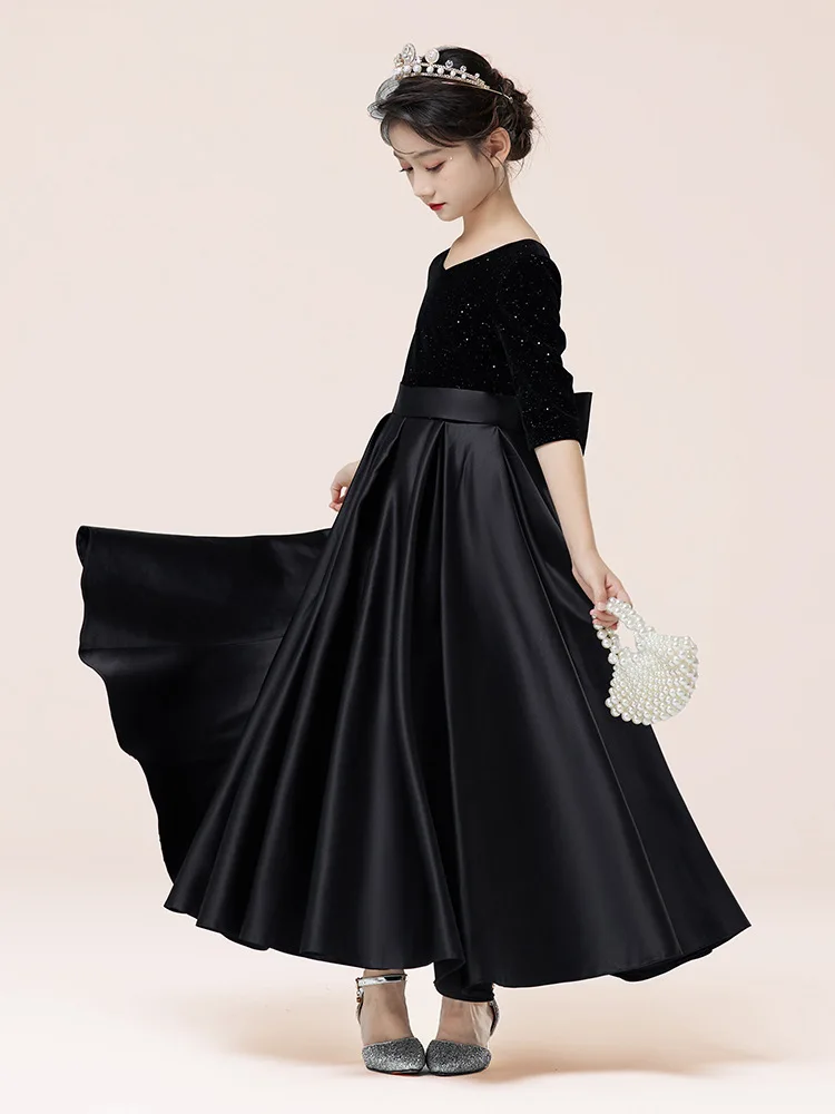 Princess Girls Black Evening Dress Children Shining Birthday Wedding Cos Colthes Kids Piano Prom Performance Photography Costume