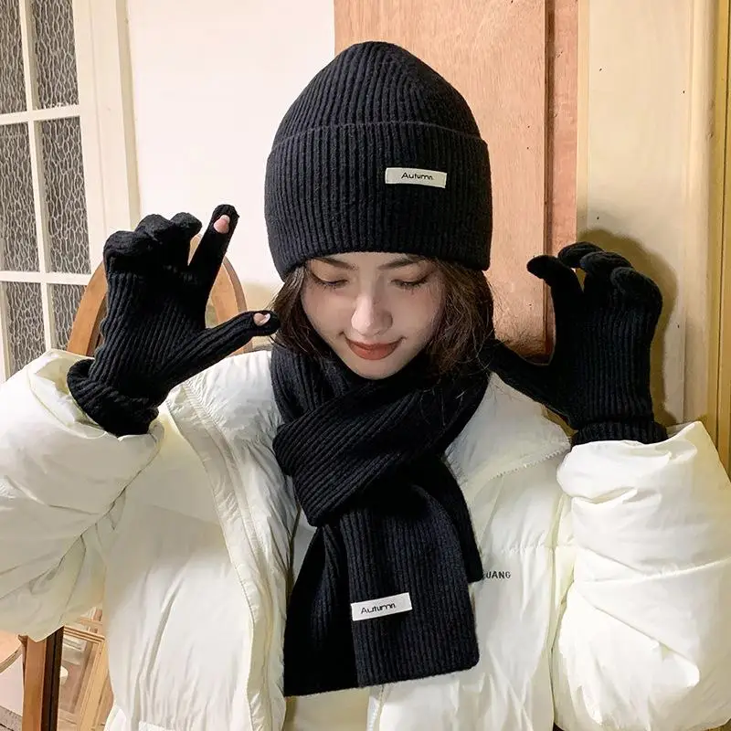 محبوك الشتاء وشاح امرأة بلون قبعة وشاح قفازات المرأة يندبروف الكبار ثلاث قطع مجموعة موضة المرأة وشاح طقم قبعات