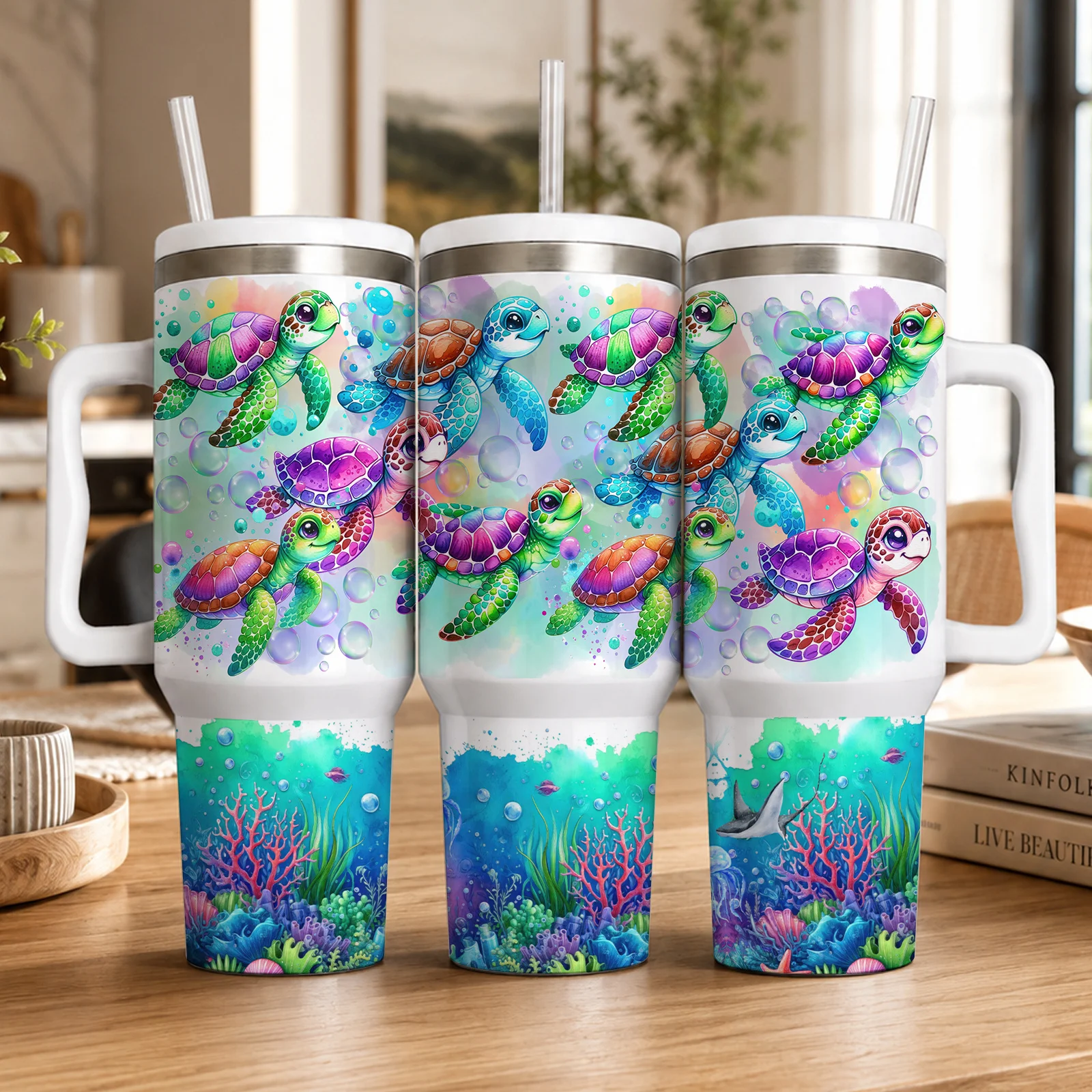 1pc Mikenda 16/40oz Colorful Sea Turtle Tumbler with Handle and Straw, Double Wall Vacuum Insulated Stainless Steel Travel Mug, Reusable Water Cup for Car, Beach, Travel and Office, Summer, Mother's Day, Christmas and Birthday Gift for Women