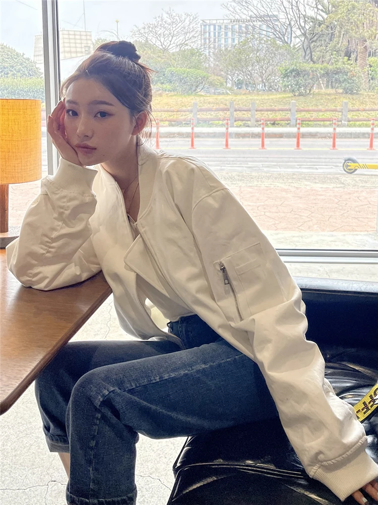 เสื้อแจ็คเก็ตเบสบอลผู้หญิงทรงหลวม สไตล์เกาหลี ผ้าฝ้ายให้ความอบอุ่น ซับในยาว ซิปปิด สี