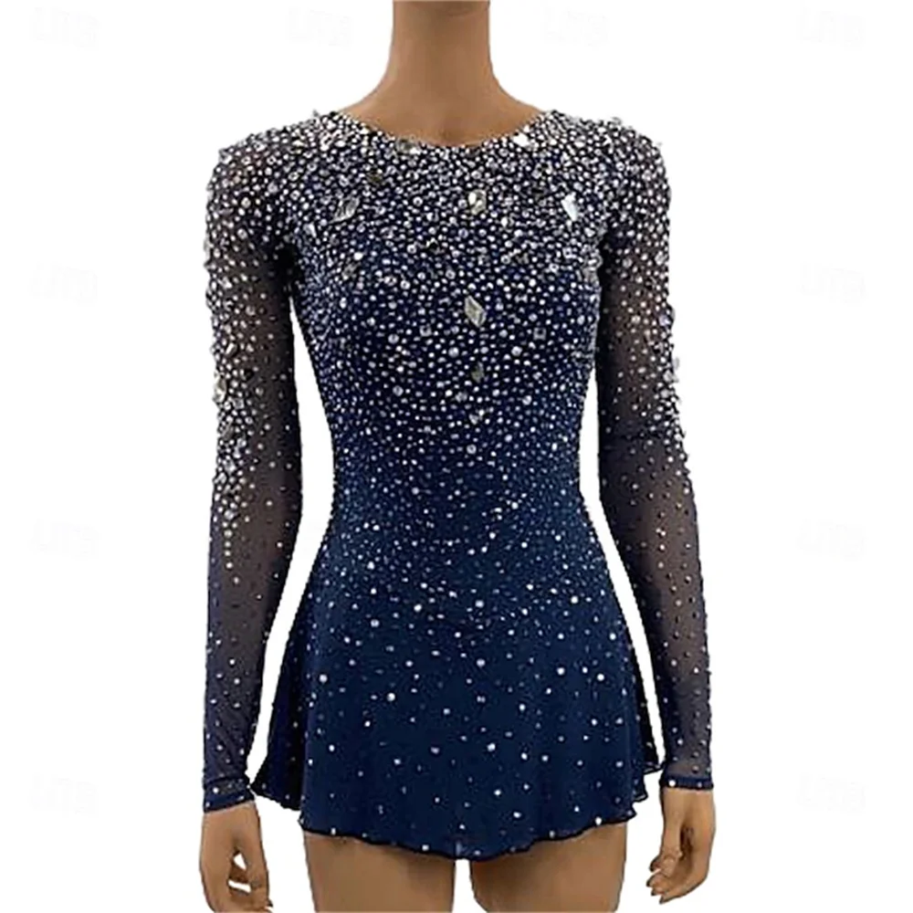 Figure Skating Dress Women Patchwork Open Back Mesh Spandex Stretchy Training Practice Professional Skating Crystal/Rhinestone