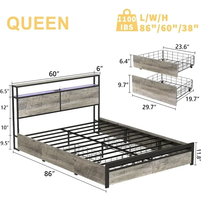 Queen-Size-Bett rahmen mit Aufbewahrung kopfteil und Schubladen leuchten Metall plattform rutsch feste und geräuschlose Matratzen basis