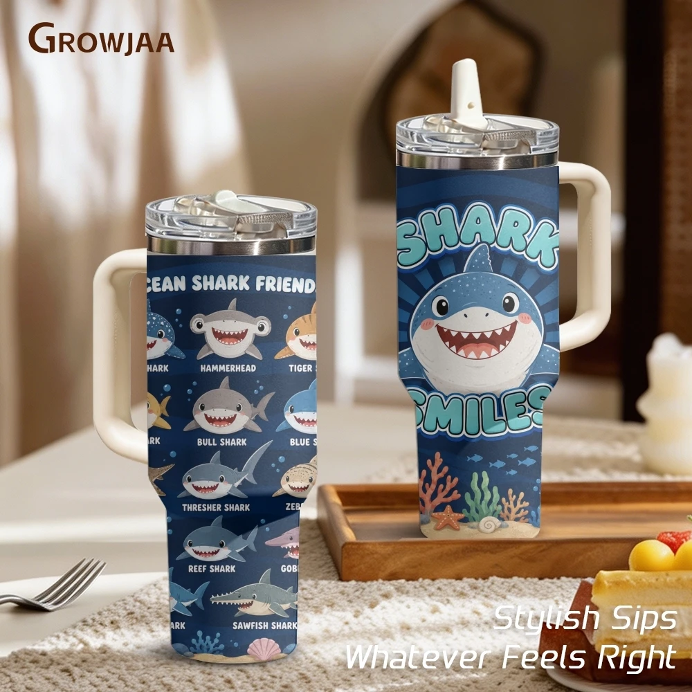 Cute Shark Faces Ocean Guide Vacuum Flasks 40oz 3rd Gen Vacuum Insulated Stainless Steel Tumbler Cup With Handle Straw Lid