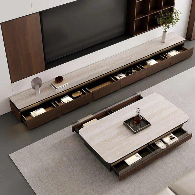 

Glass coffee table light luxury high-end living room household Italian minimalist solid wood travertine rock board TV cabinet