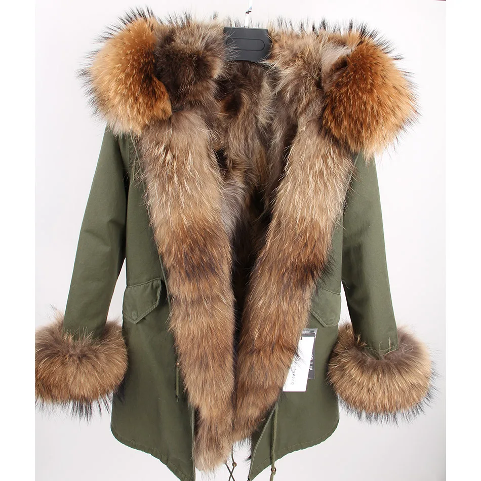 Manteau en fourrure de renard véritable pour femme, veste d'hiver, longue parka, col en fourrure de raton laveur naturel, capuche optique, parkas chaudes avec doublure en fourrure véritable