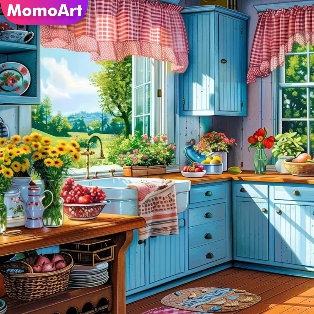 Momoart DIY Diamantmalerei Küchenlandschaft, geeignet für Anfänger, Diamantmosaik-Fenster-Sets, Stickerei, Weihnachtsgeschenke