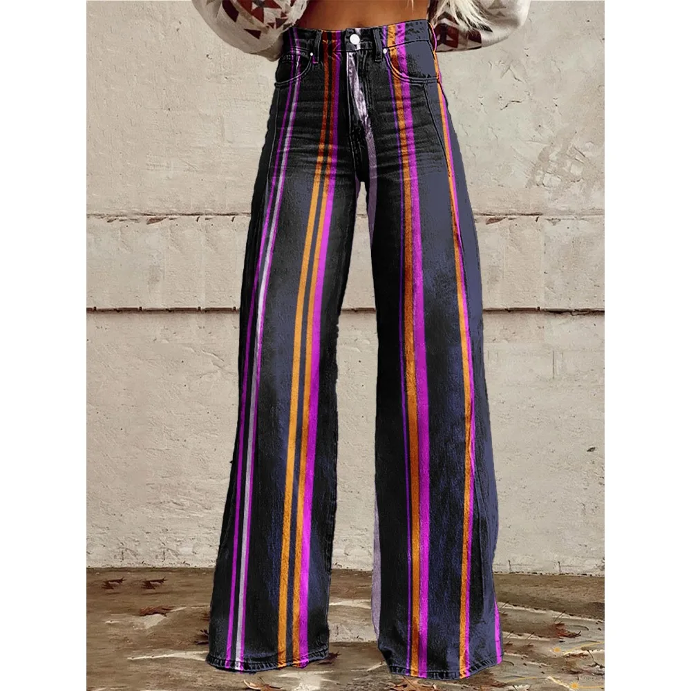 Retro Stripe Flare Pants for Women Sexy High Waist Wide Leg Trousers Fall Fashion Casual & Party Palazzo Pants Daily Wear