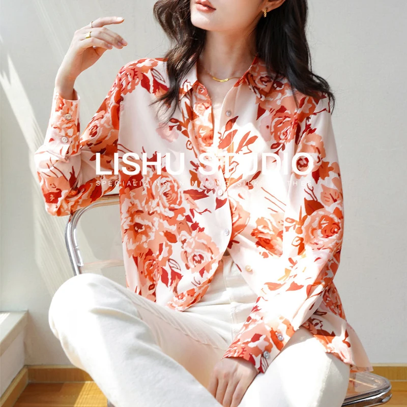 Women Korean Fashion Floral Print Minimalist Shirts Elegant Chic Lapel Commute Blouses Casual Long Sleeve Loose Tunic Tops Blusa