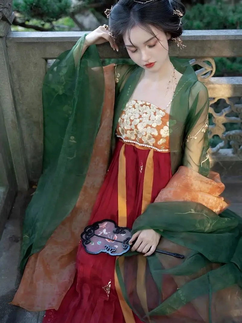 Vestido Hanfu chino de la dinastía Tang para mujer adulta, conjunto de falda de manga grande bordada con palacio antiguo, color verde, 4 piezas