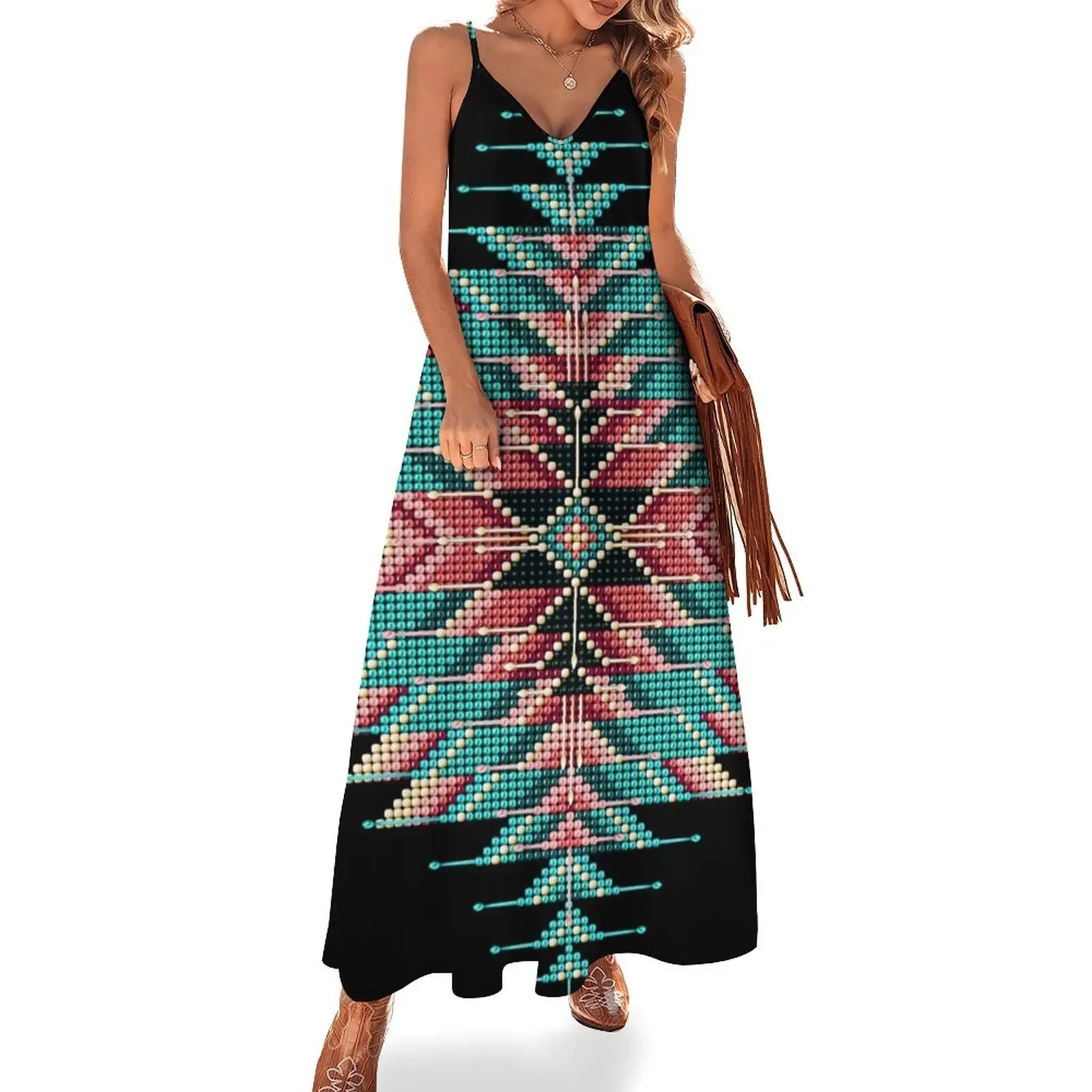 

Native Style Southwest Beadwork Sunburst Sleeveless Dress evening dress women Dress women chic and elegant woman