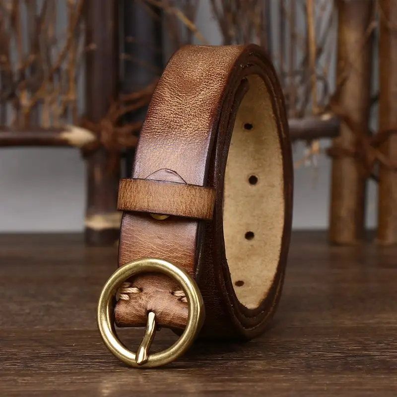 

Fashion genuine leather copper buckle jeans belt first layer cowhide round buckle ins women's belt