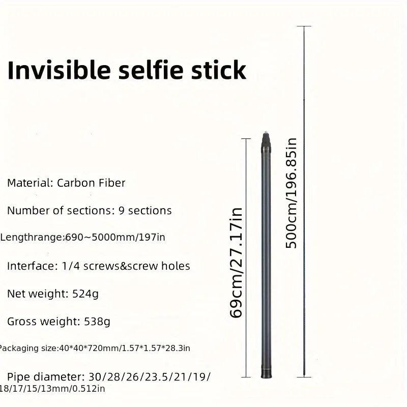 196.85-inch/5.0-meter invisible selfie stick made of carbon fiber, compatible with DJI Osmo Mobile 3 2/Insta360 X4 X3 sports cam