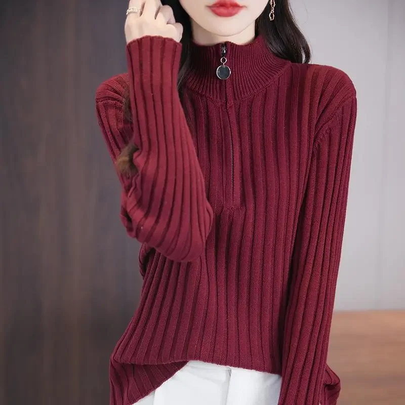 

2026 Autumn And Winter New Half-Oopen Collar Pullover Sweater Women High-End Long Sleeves Slim Knitwear Jumper Female Tops W1088