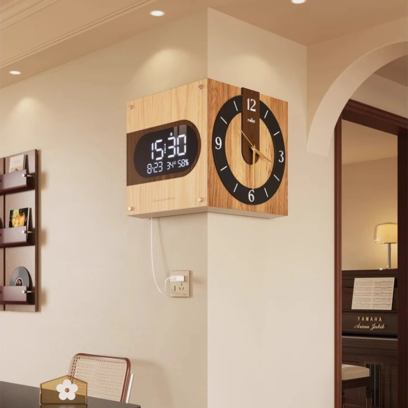 Mid-Century Modern Corner Clock with Perpetual Calendar Dual Display Digital Wall Clock Vintage Angle Timepiece for Living Room