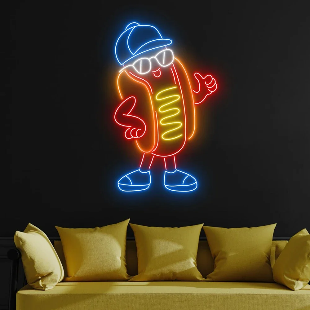 Hot Dog Man Neon Sign Custom Fast Food Restaurant Wall Decor Hot Dog Store Sign Street Food Truck Decoration LED Neon Light