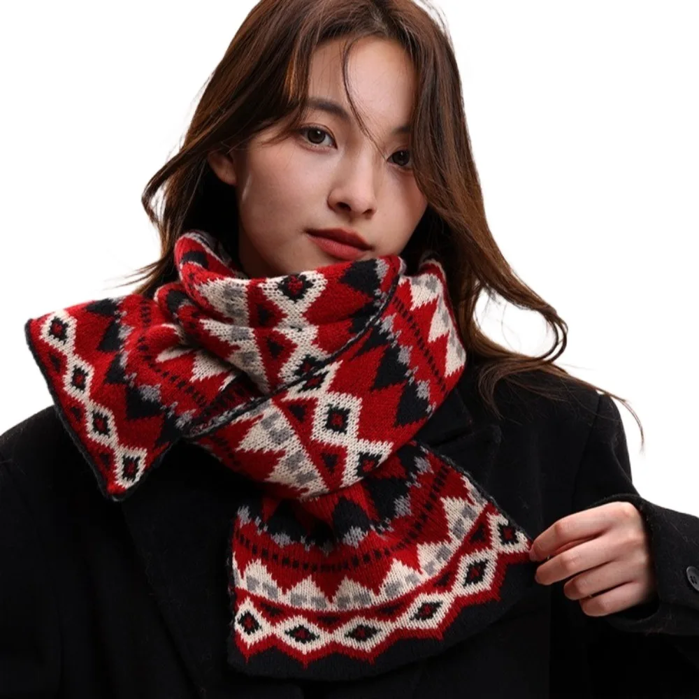 Casual Jacquard Winter Knitted Scarves Korean Style Thickened Women Scarf Windproof Crochet Woolen Neckerchiefs New Year Gift