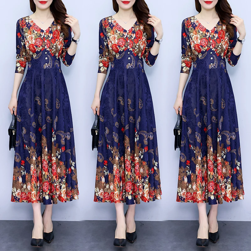 2023 New Fashion Printed Dress Women's Autumn Retro Versatile Long Dress Korean Loose Tight Holiday Bottom Dress Vestidos