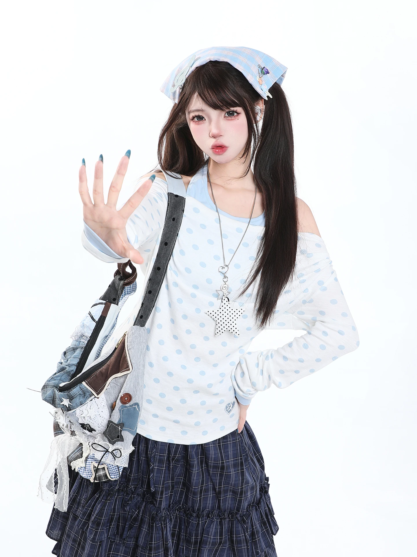 Casual Korean Polka Dot Fake Two-Piece Long Sleeve Cover up Women's Autumn Youthful Design Shoulder Bared Top