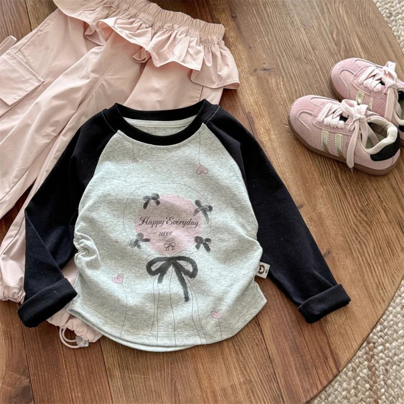 

GirlstLong Sleeve Children's Shirt Spring and Autumn New Style Color Block Raglan Sleeve Fashionable Base ShirtT