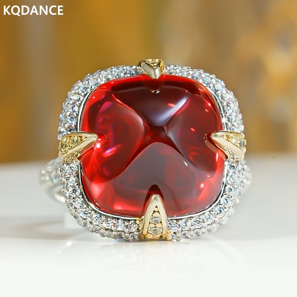 

KQDANCE Luxury Design 925 Sterling silver Lab Created Ruby Red Sapphire Blue Gemstone Rings with 14mm Large Stone Fine Jewelry