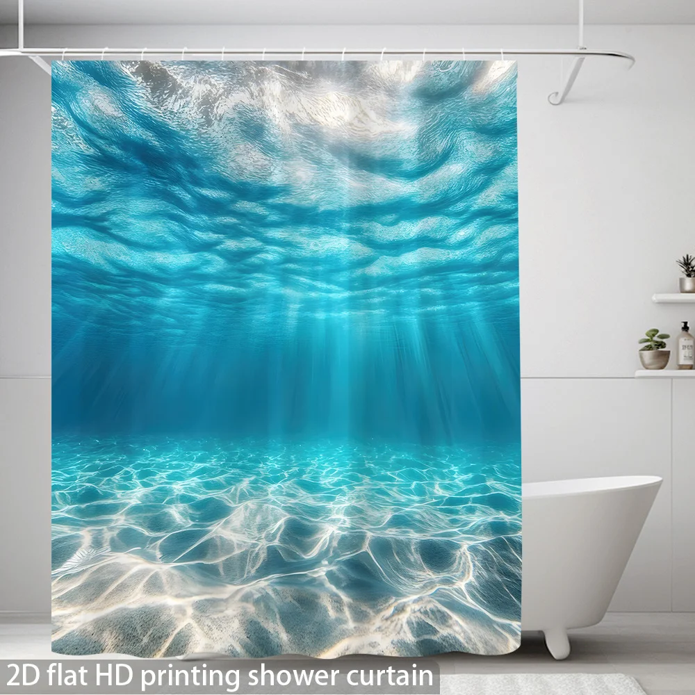 3D Underwater Ocean View Shower Curtain, Blue Sea Light Rays Sand Bottom Print, Bathroom Decor, Waterproof Polyester Fabric Bath