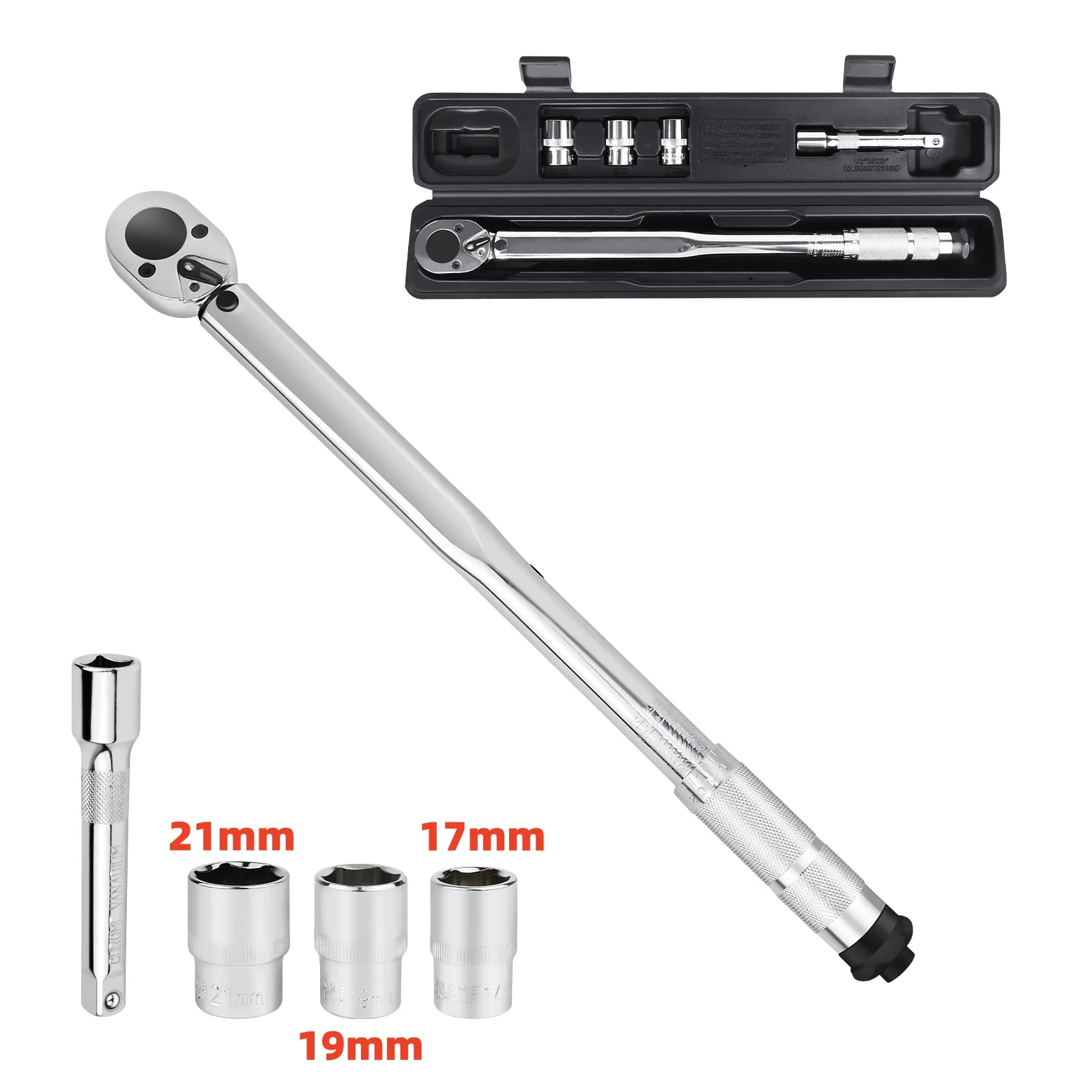 Ratchet Torque Wrench 28-210Nm, 1/2' Wheel Bolt Wheel Nut Wrench Incl. Extension & Wheel Bolt Sockets 17mm-19mm-21mm