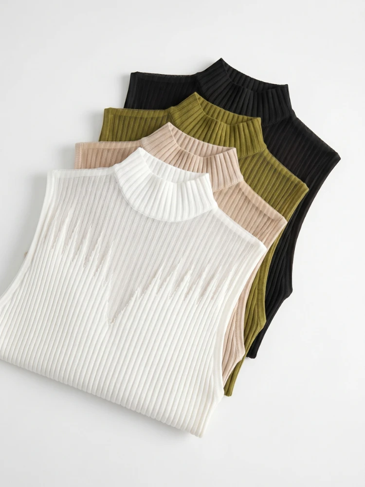 Solid Skinny Camis Mesh Knitted Top Women Summer Y2K Tank Top Half Neck Vest Female Sleeveless Sweater Chic Cut Out Streetwear