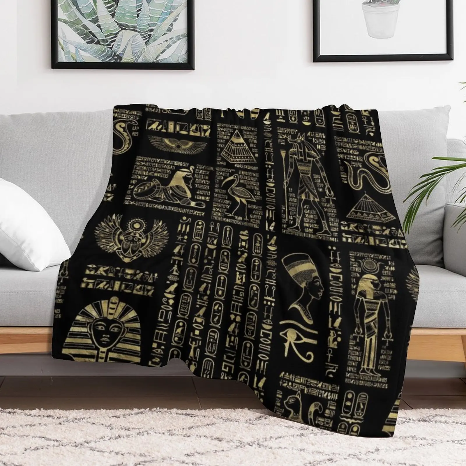 Egyptian hieroglyphs and deities gold on black Throw Blanket Furry Plush Blankets