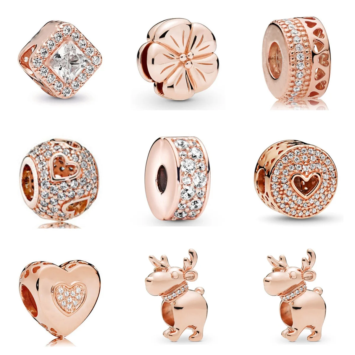 2024 New Rose Gold Plated Heart Diamond Charm Beads For Women Fashion DIY Bracelet Necklace Jewelry Accessories Festival Gifts