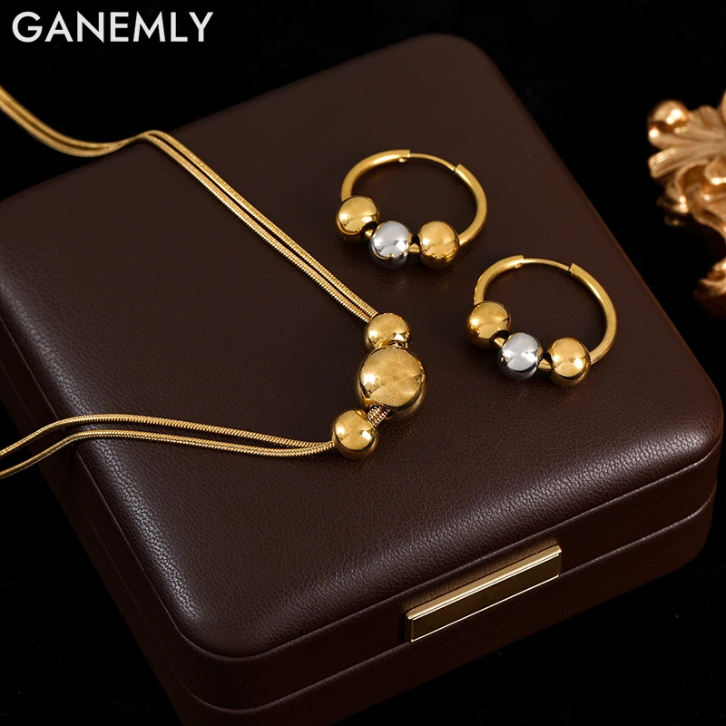 

GANEMLY 316L Stainless Steel Beads Balls Necklace Earrings For Women Fashion Party Gift 18K Gold Plated Waterproof Jewelry Set