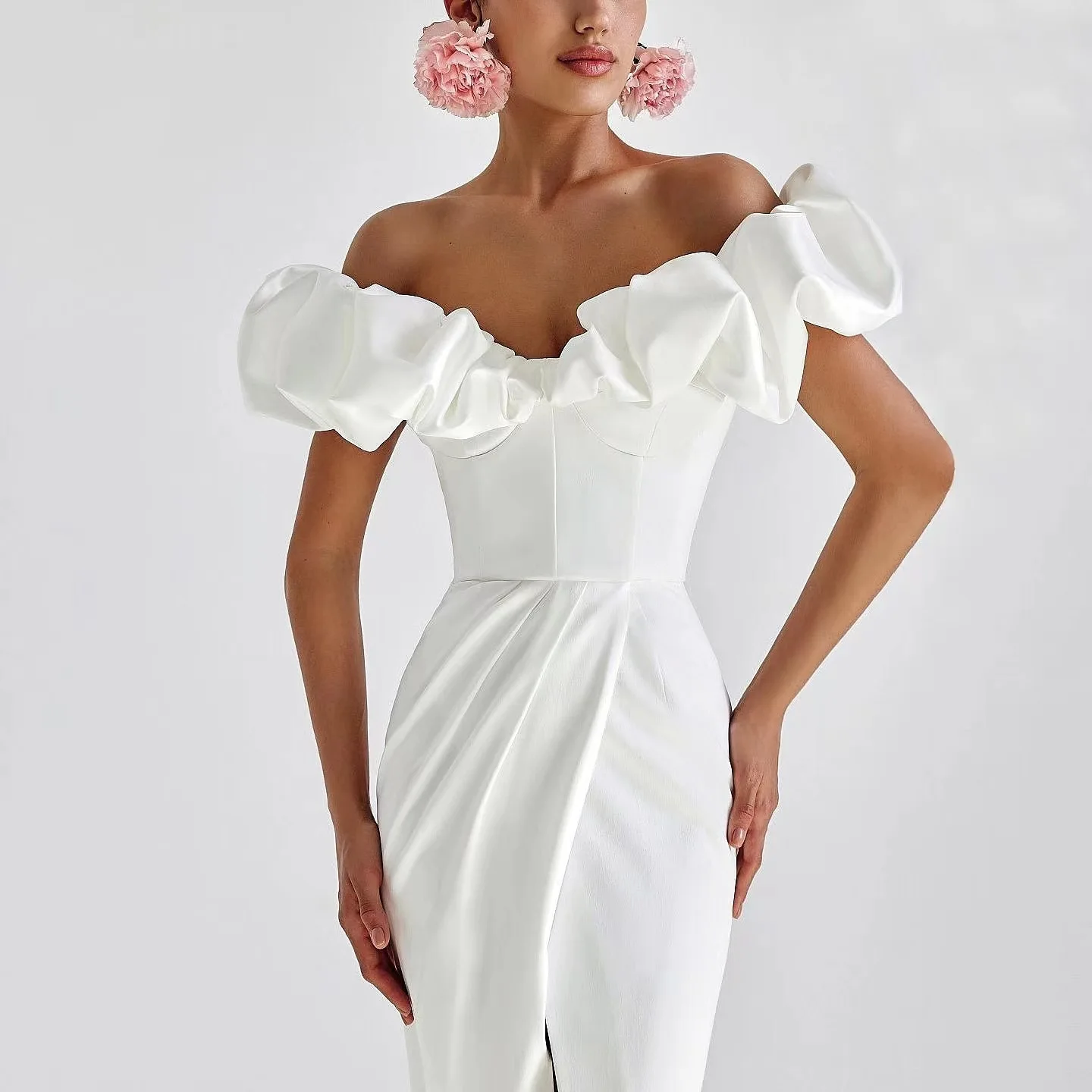 Vestido de jantar de deslocamento de fenda alta feminino, vestido longo fora do ombro, sutiã, vestido de borda plissado vestido de verão robe vestido feminino festa