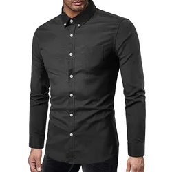 Oxford-shirts voor heren, slim fit, casual herenoverhemd met lange mouwen, revers, knoopkraag, wit, zwarte overhemden