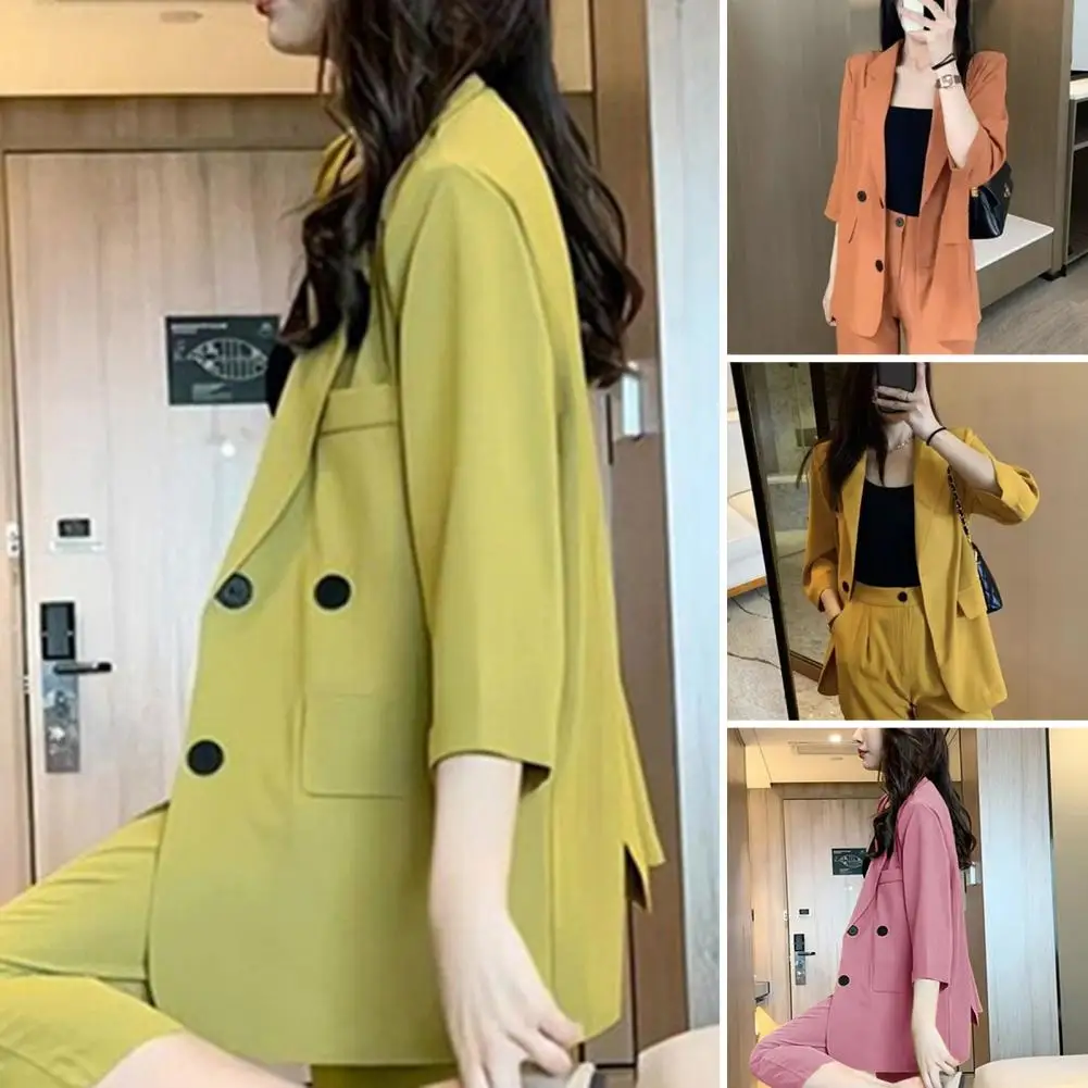 Two-button Suit Coat Elegant Women's Double Breasted Suit Jacket with Flap Pockets Casual Everyday Business Outwear with Single