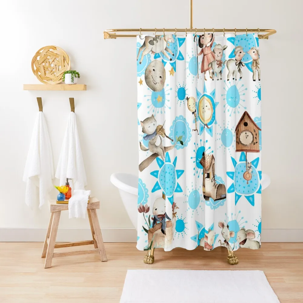 

Blue Nursery Rhyme Pattern Shower Curtain Modern Bathroom Accessories Anime Bathroom Shower Bath Curtain