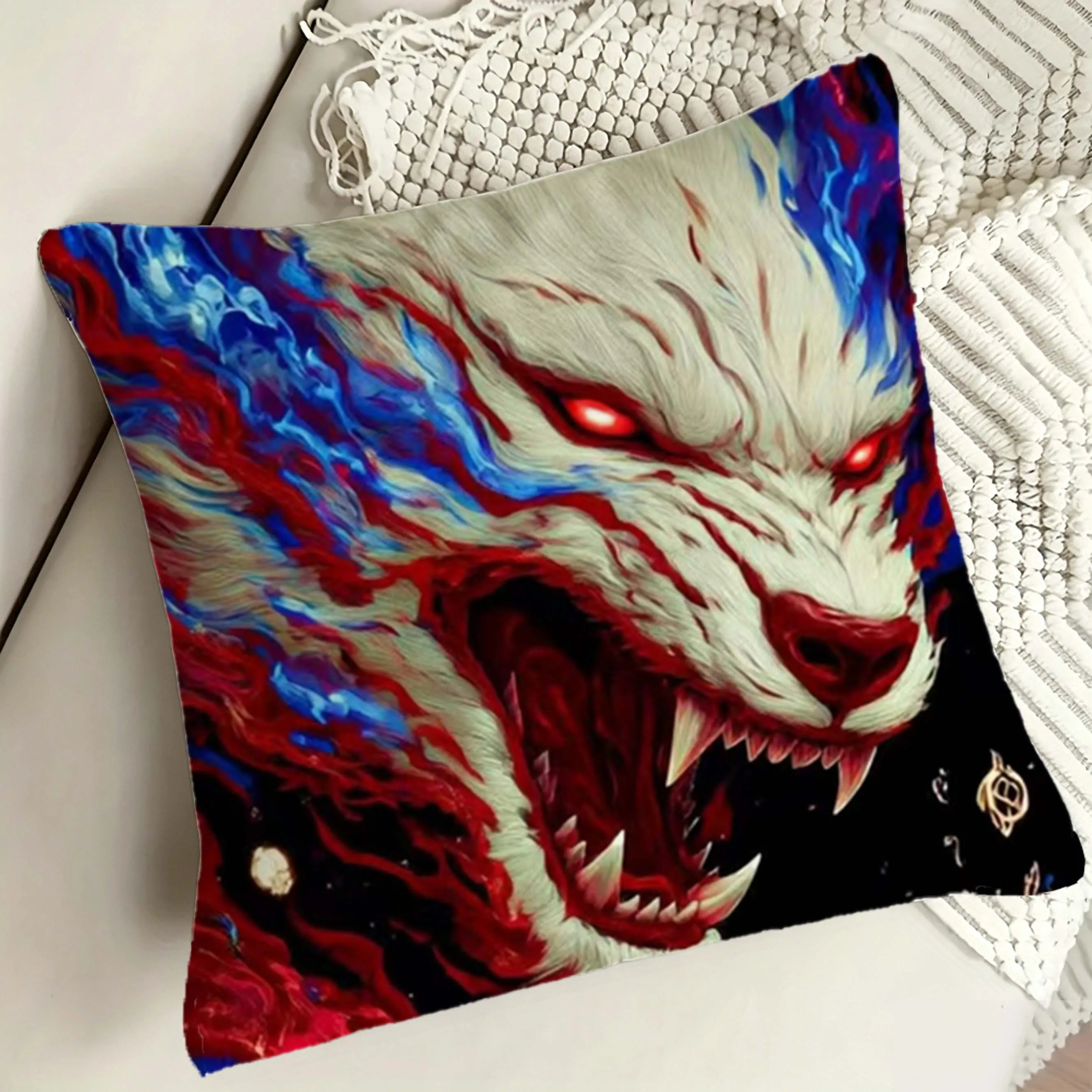 Red Blue Wolf Pillowcase, Fantasy Beast Print Cushion Cover, Glowing Eyes Decor, Cool Animal Throw Pillow, Home Textile